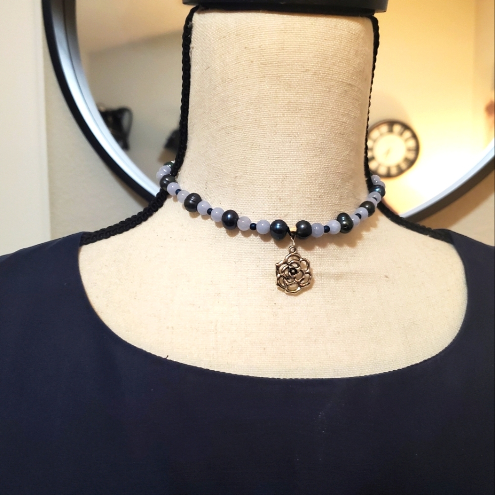 HANDMADE CUSTOM CHOKER WITH SEMI PRECIOUS BAROQUE PEARL & NATURAL AQUAMARINE